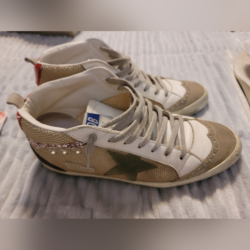 Golden Goose Midstars Leather and Canvas Green Brown Pink Glitter Size 39